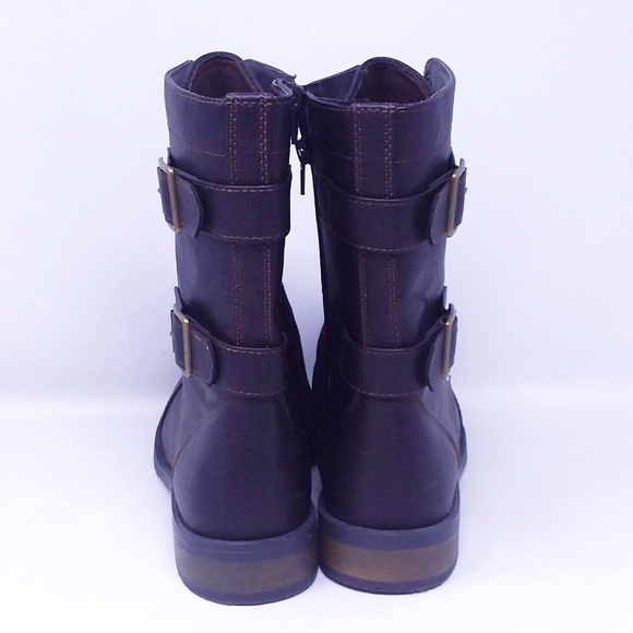 Women' s Brown Lace Up Zip Up Double Buckle Combat Boots - Picture 9 of 13
